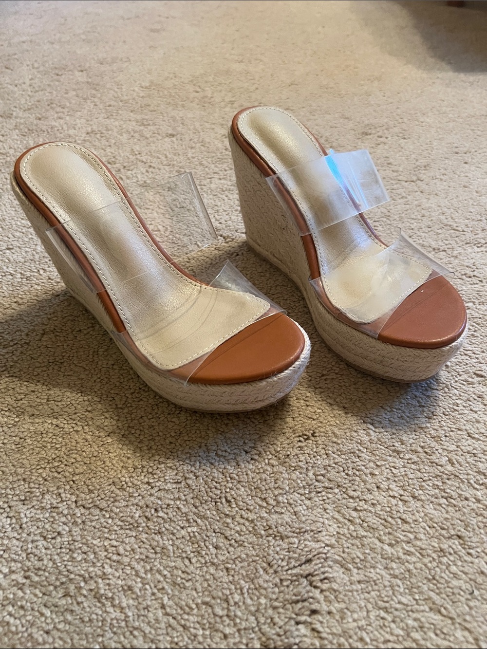 Clear Strap Tan Platform Wedge Sandals - Women